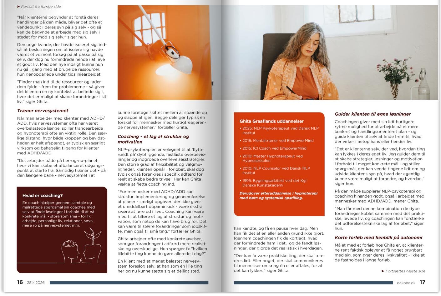 Oversigt over Ghita Graaflands uddannelser inden for NLP, hypnoterapi og coaching — publiceret i DAKOBE nr. 281